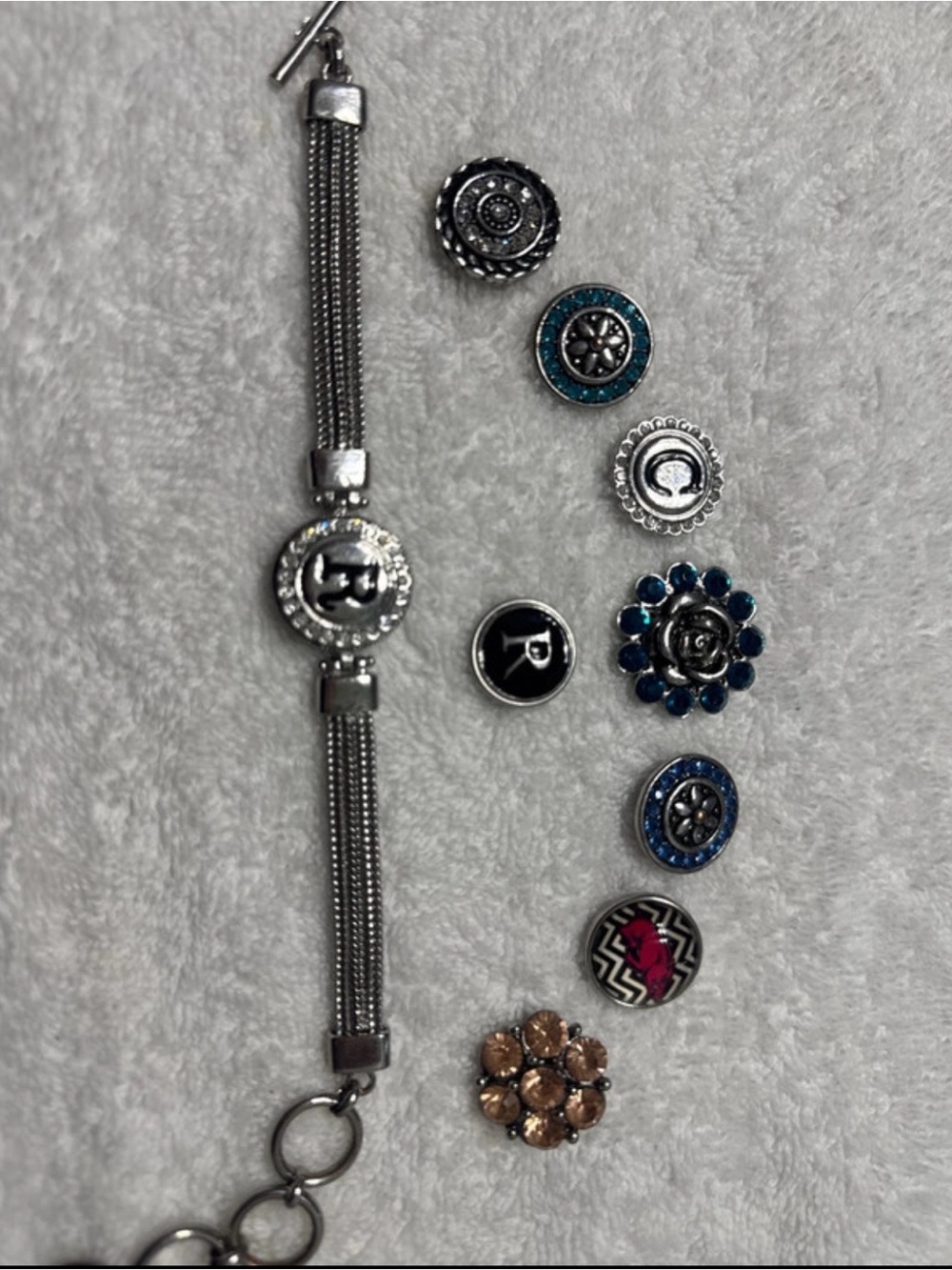Interchangeable Silver Bracelet with Blue and Champagne Snap Charms